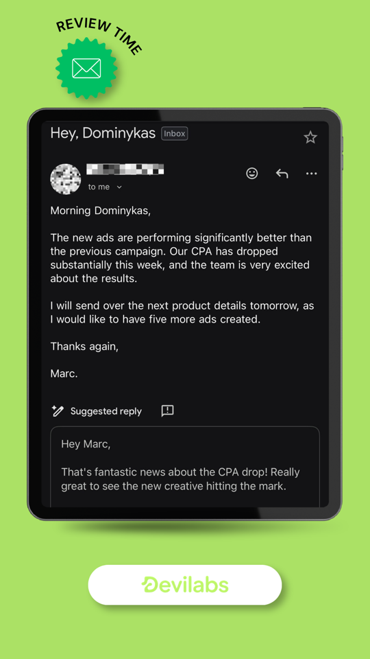DeviLabs inbound lead — skincare brand referral Rachel reaching out about creative bottleneck at 80k per month in revenue